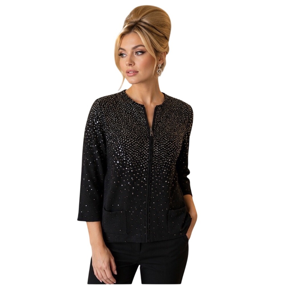 Vintage Glamorous 1960s Black Beaded Cardigan Jacket Size L Bust 44"  SONY